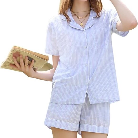 Women 100% Cotton Cute Short Pajama Set 2 Piece Casual Lounge Sets Y2k Plaid Pj - Picture 1 of 6